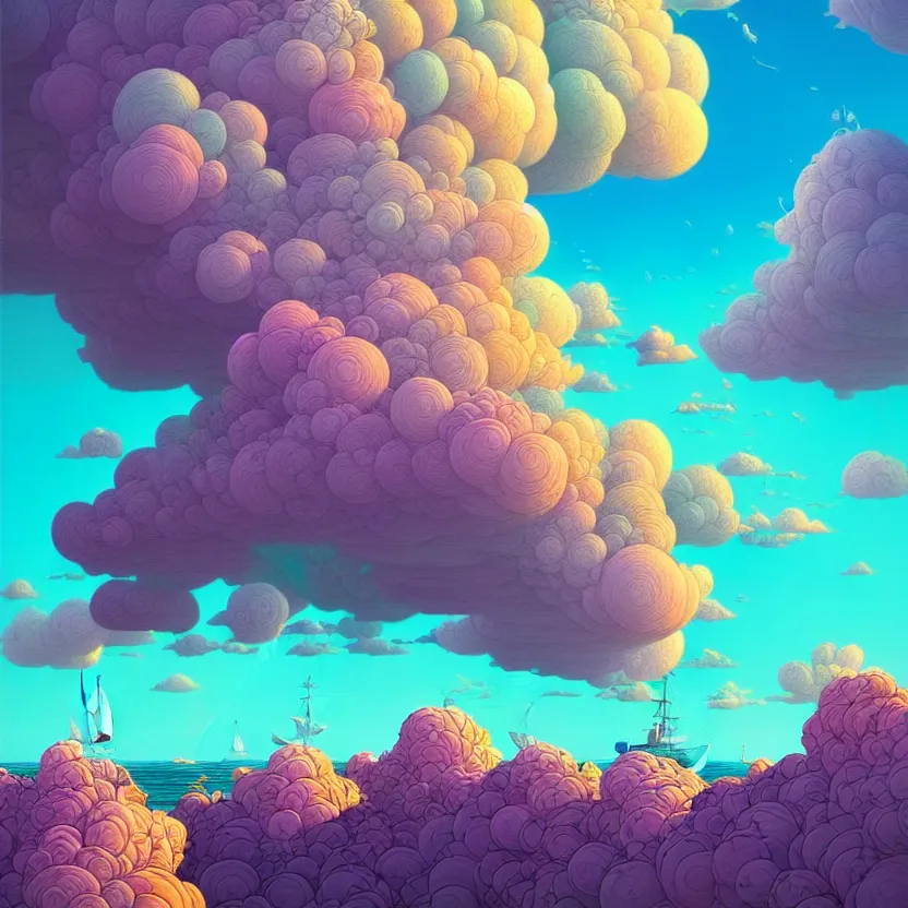 Image similar to sea cloud, summer morning, very coherent and colorful high contrast, art by! gediminas pranckevicius! geof darrow, pastel color, volumetric lighting, cinematic, floralpunk screen printing woodblock, dark shadows, hard lighting, stippling art