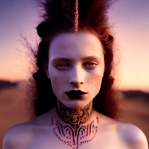 Image similar to photographic portrait of a stunningly beautiful renaissance female in soft dreamy light at sunset, dark lipstick, tribal tattoos, contemporary fashion shoot, by edward robert hughes, annie leibovitz and steve mccurry, david lazar, jimmy nelsson, breathtaking, 8 k resolution, extremely detailed, beautiful, establishing shot, artistic, hyperrealistic, beautiful face, octane render