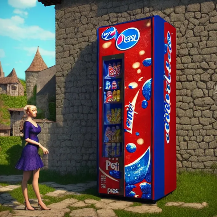 Image similar to pepsi vending machine outside a medieval house in a fantasy village. a woman is standing next to the vending machine. extremely high details, realistic, fantasy art, cinematic, octane render, masterpiece, artstation contest winner, art by johannen voss, frank frazetta