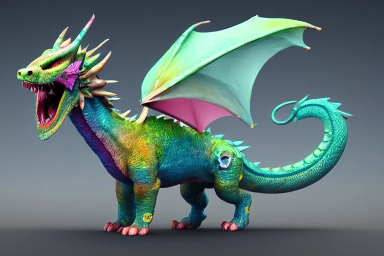 Image similar to adoptable dragon rainbow chimera creature, trending on artstation, masterpiece daily deviation, 3 d render, fluffy, cute