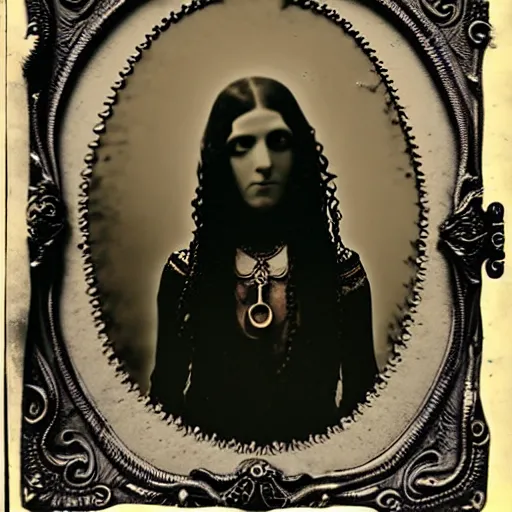 Image similar to beautiful woman with tentacles for hair wearing occult jewelry. daugerreotype of cthulhu high priestess. ambrotype of occult priestess. tintype of a beautiful woman. priestess of dagon. cursed priestess. daugerreotype. baroque frame. cursed priestess of dagon. woman with tentacles. daguerreotype