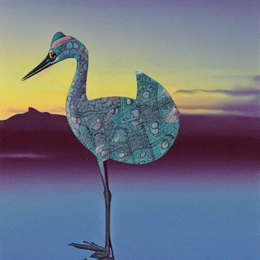 Image similar to a hybrid of a crane and a frog on the background of a blue sunset