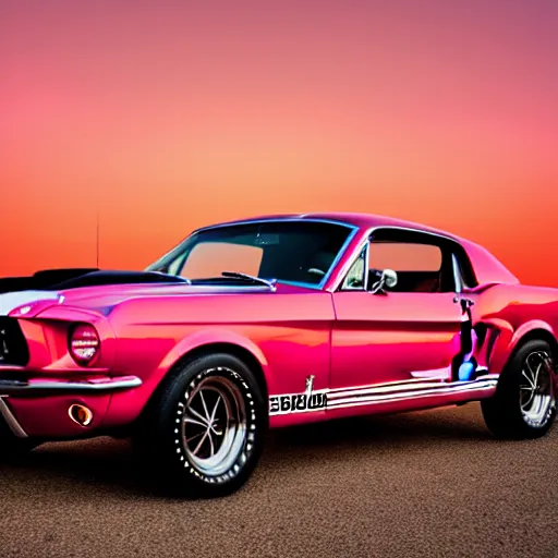 long shot of 1967 Ford mustang Shelby GT500 in pink