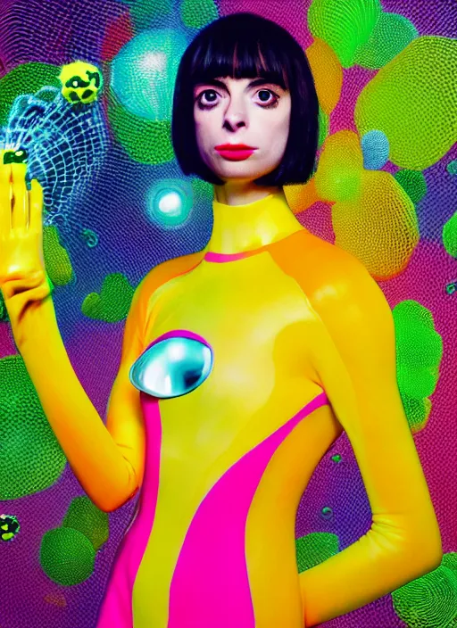 Prompt: hyper render - kawaii portrait ( astronaut, suit, chrome dino, porcelain forcefield, looks like krysten ritter ) eating in network yellowcake aerochrome strawberry and her delicate hands hold gossamer polyp fungal flowers dress, ryden