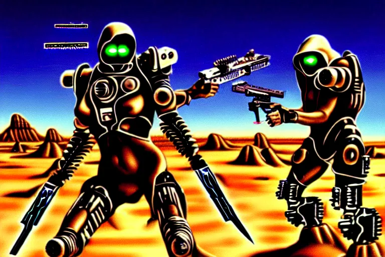 Image similar to cybernetic evil warzone bladed weapons razor projectiles humanoids goin stupid, desert scene