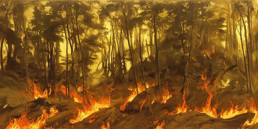 Prompt: forest fire artwork by eugene von guerard, john singer sargent
