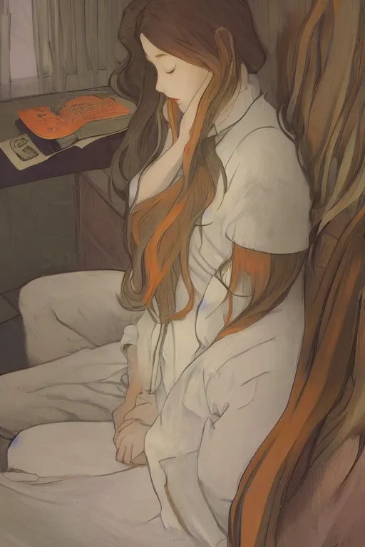 Prompt: a girl in a jk uniform outfit in the bedroom reading a book in a night, raining outside the window, grey and orange theme ， wavy white long hair, by krenz cushart and mucha and akihito yoshida and greg rutkowski and makoto shinkai and vincent van gogh and monet, detailed eyes, 4 k resolution