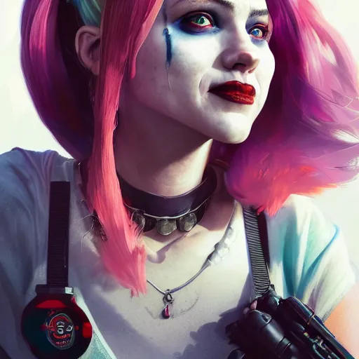 Image similar to highly detailed portrait harley quinn in gta v, stephen bliss, unreal engine, fantasy art by greg rutkowski, loish, rhads, ferdinand knab, makoto shinkai and lois van baarle, ilya kuvshinov, rossdraws, tom bagshaw, global illumination, radiant light, detailed and intricate environment