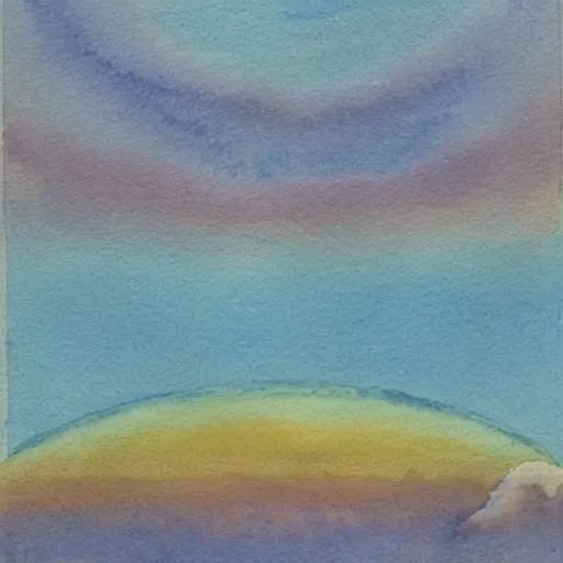 Image similar to low - angel view, from 1 0 0 0 meters in the distance, vague uap interstellar vehicle on top of an ephemeral rainbow in the sky, muted watercolor. minimalist, detailed, heavy under paint, muted colors. ue 5