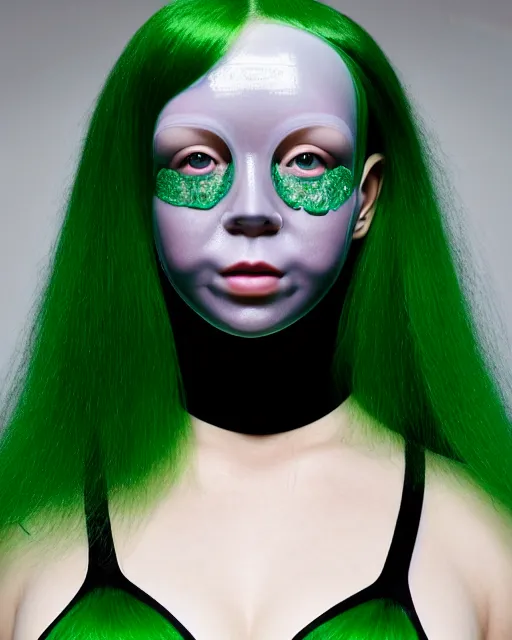 Prompt: symmetrical close - up portrait of a woman wearing a translucent silicone beauty mask and green hair, wearing a black bodysuit by alexander mcqueen, black background, soft diffused light, biotechnology, humanoide robot, bjork aesthetic, translucent, by rineke dijkstra, intricate details, highly detailed, masterpiece,