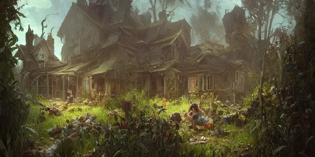 Prompt: a hyperrealistic render of a ramshackle abode in a bog, outdoor, art by Artgerm and Greg Rutkowski and Alphonse Mucha, hearthstone art style, epic fantasty card game art, Beautiful dynamic dramatic moody lighting, shadows, cinematic, Octane, 8K