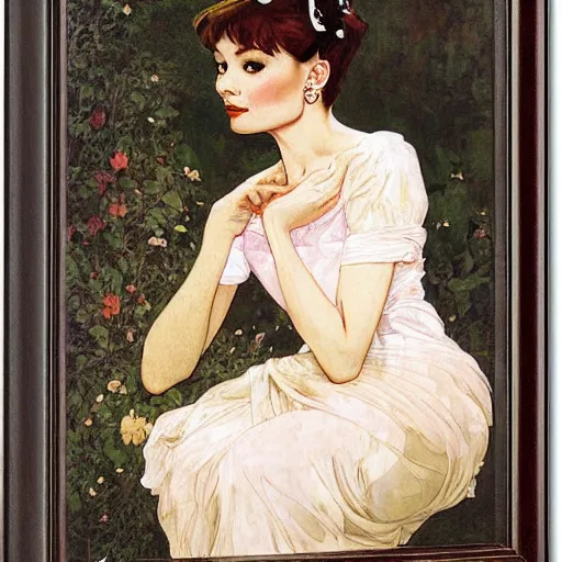 Prompt: romantic painted portrait of audrey hepburn by james jean, mucha