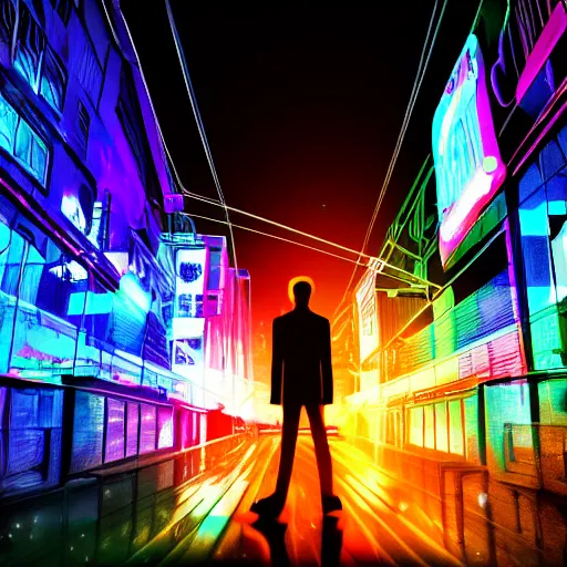 Prompt: one man silhouette standing in front of a cyberperunk city, neon lights, night, very beautiful, trending on deviantart,