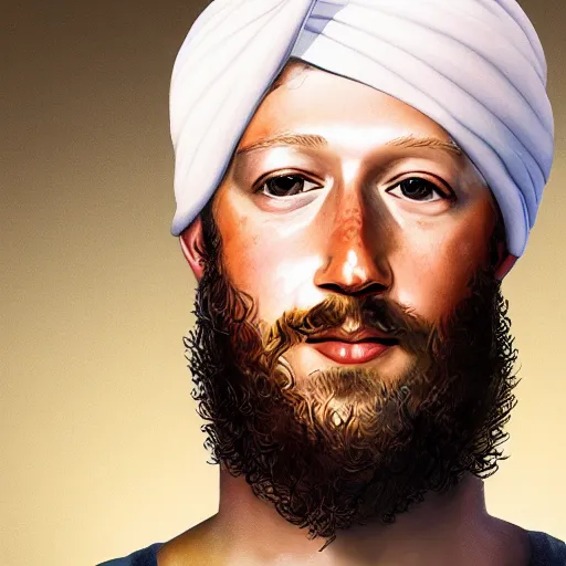 Image similar to a portrait of mark zuckerberg wearing a long beard and a turban joining the taliban. i