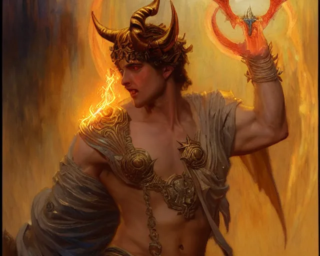 Image similar to attractive male deity, casting demonic magic, summoning handsome lucifer morning star. highly detailed painting by gaston bussiere, craig mullins, j. c. leyendecker 8 k