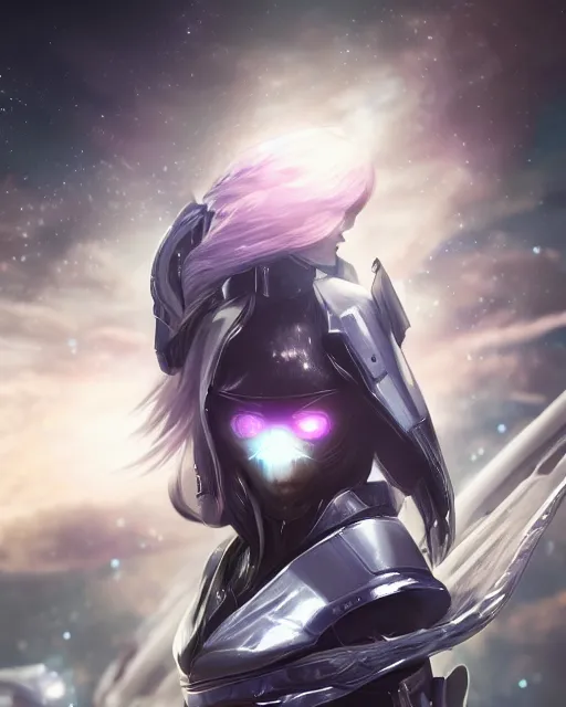 Image similar to perfect android girl on a mothership, warframe armor, beautiful face, scifi, futuristic, galaxy, nebula, raytracing, dreamy, long white hair, blue cyborg eyes, sharp focus, cinematic lighting, highly detailed, artstation, divine, by gauthier leblanc, kazuya takahashi, huifeng huang