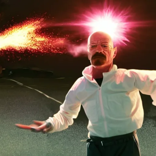 Image similar to photo of walter white on a hoverboard with an exploding car behind him, color, cinematic lighting