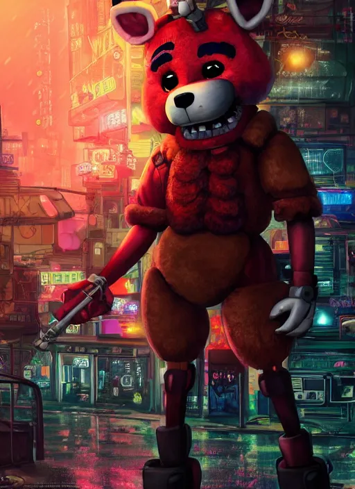 Image similar to character portrait of Foxy from Five Nights at Freddy's in a cyberpunk city at night while it rains. hidari, color page, tankoban, 4K, tone mapping, Akihiko Yoshida. Nomax, Kenket, Rukis. Horror, scary, comic book style, photorealistic, professional lighting, hyperdetailed, high resolution, high quality, dramatic, deviantart, artstation, 4k, real photo