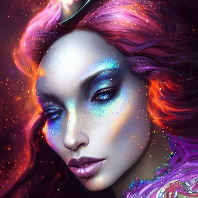 Prompt: detailed portrait of beautiful fantasy witch made of iridescent smoke, dark fantasy, sharp focus, vibrant, vivid, magical shiny skin, symmetry, highly detailed, 4 k digital painting, detailed skin, iridescence reflecting, crystal particles, magical, raytracing, plasma, artistic, concept art by artgerm, greg rutkowski, alphonse mucha, unreal engine render,