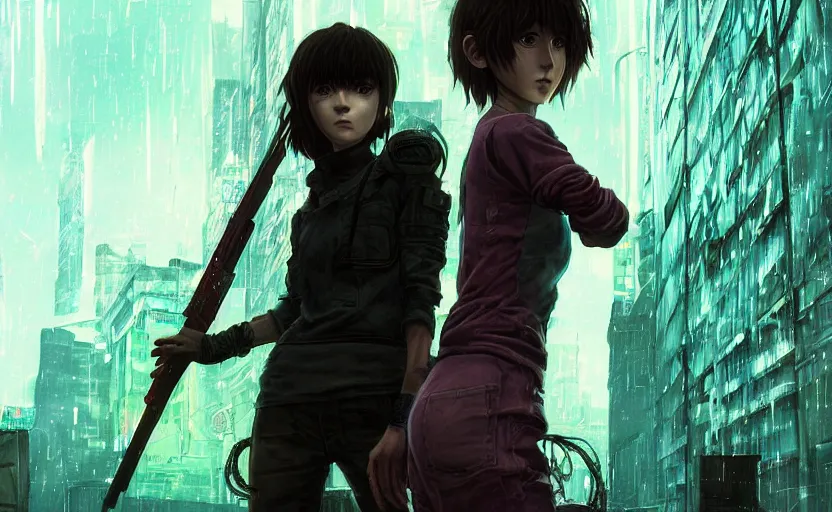 Image similar to an epic fantasy comic book style portrait painting of an extremely cute and adorable very beautiful cyberpunk lain ( serial experiments lain ) and ellie ( the last of us ) in the rain, neon reflections, character design by mark ryden and pixar and hayao miyazaki, unreal 5, daz, hyperrealistic, octane render, cosplay, rpg portrait, dynamic lighting, intricate detail, cinematic