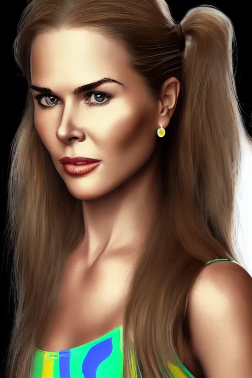 Image similar to mix of beautiful young maria shriver, mariel hemmingway, brooke shields, nicole kidman and elle macpherson as a zumba instructor, thin lips, hair tied up in a pony tail, dark blonde hair, colorful, artstation, cgsociety