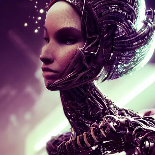 Image similar to beautiful impish biomechanical incredible technological hair, masterpiece crystalline incrustations, hyper - detailed face, elegant pose, movie still, intricate, octane render, cinematic lighting, cgsociety, unreal engine,