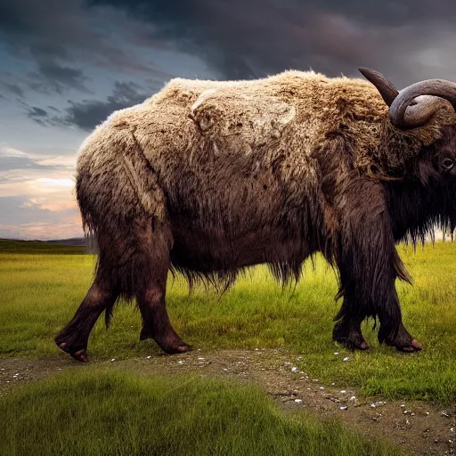 Image similar to a hybrid between a mammoth and a buffalo, photography, award - winning, national geographic channel, discovery channel, 8 k