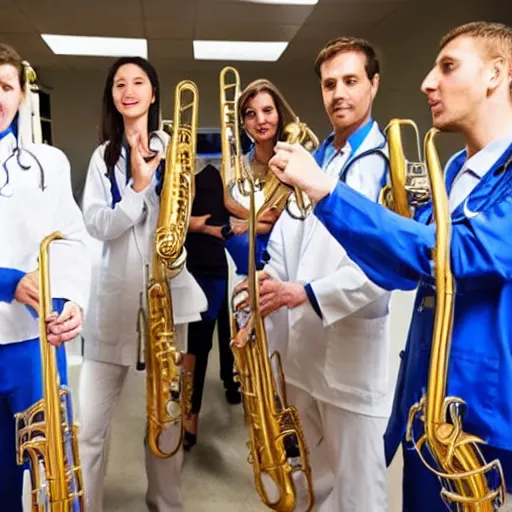 Prompt: doctors playing medical saxophones during an emergency