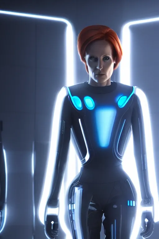 Image similar to dana scully in tron : legacy ( 2 0 1 0 ), cyberpunk aesthetic, glowing panel lines, octane render, nvidia, artstation trending, ultrasharp detail