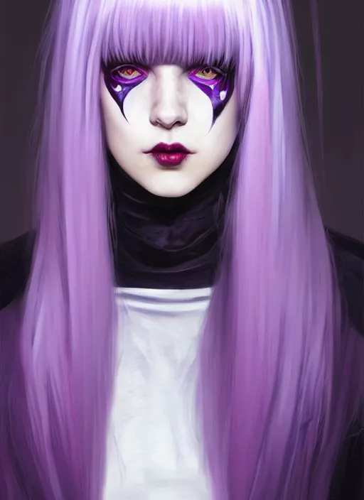 Image similar to portrait of white teenage girl, normal face, white bangs, mall goth, cyberlox, black and white hair, bangs, fluffy bangs, red contact lenses, purple lipstick, intricate, elegant, highly detailed, digital painting, artstation, concept art, sharp focus, smooth, illustration, art by wlop, mars ravelo and greg rutkowski