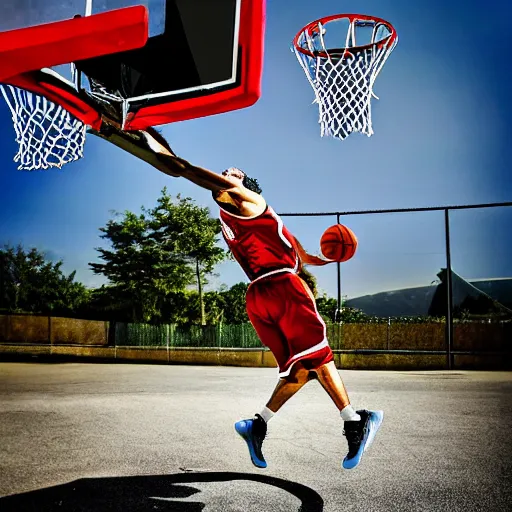 Image similar to caparezza dunking a basketball, phone photo, outside, small basketball field, daylight, artistic composition, realistic