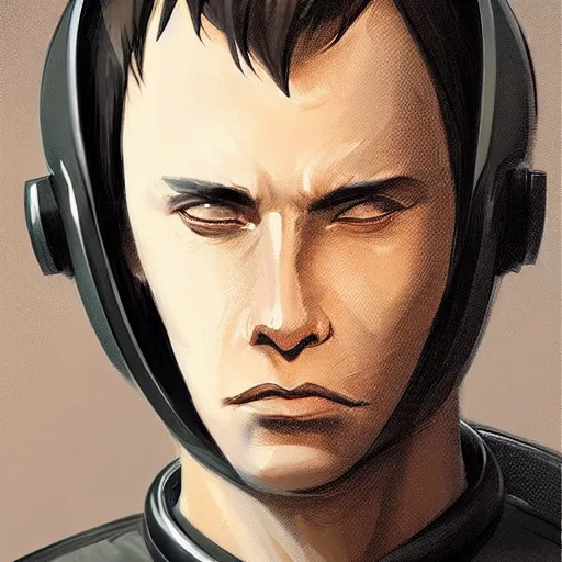 Prompt: portrait of a shocked man by greg rutkowski, he is about 3 0 years old, short black hair with bangs, scared and incredulous, very tall and slender, he is wearing futuristic space gear, highly detailed portrait, digital painting, artstation, concept art, smooth, sharp foccus ilustration, artstation hq
