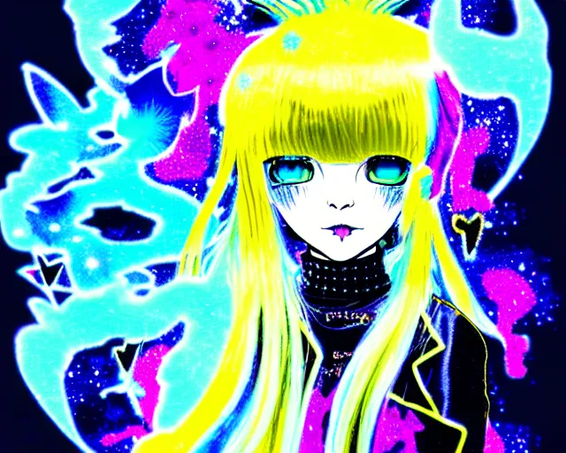 Image similar to neo tokyo japanese anime kawaii decora hologram of rimuru tempest, sky blue hair, golden yellow eyes, wearing black stylish clothing, holography, irridescent, baroque visual kei glitch art, a detailed pencil portrait with watercolor of a beautiful monster high doll, by sabrina eras, alice x. zhang, agnes cecile, blanca alvarez