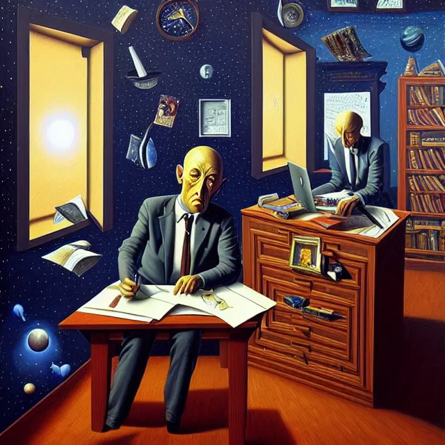 Image similar to an oil on canvas portrait of a business man in his office studying, surrealism, surrealist, cosmic horror, rob gonsalves, high detail