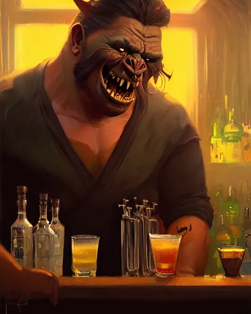 Image similar to orc bartender serving drinks | | realistic shaded, fine details, fine - face, pretty face, realistic shaded lighting poster by greg rutkowski, magali villeneuve, artgerm, jeremy lipkin and michael garmash and rob rey