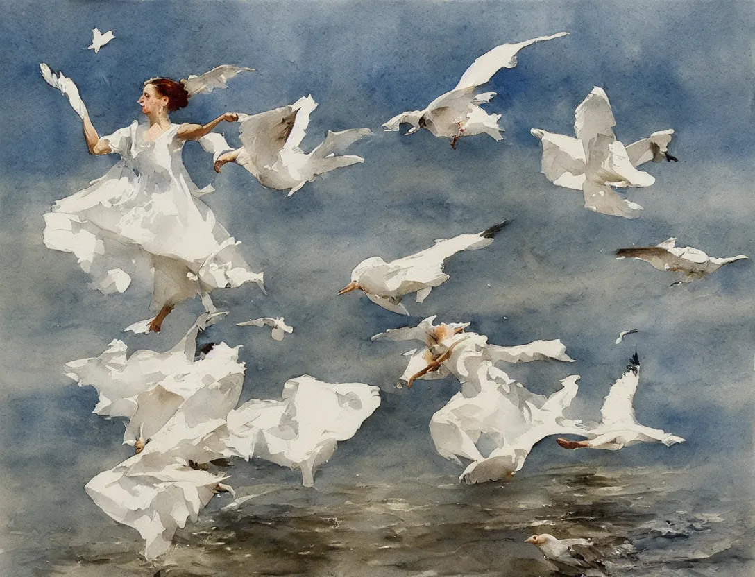 Prompt: watercolor by anders zorn, flying birds, water, white dress, windmill