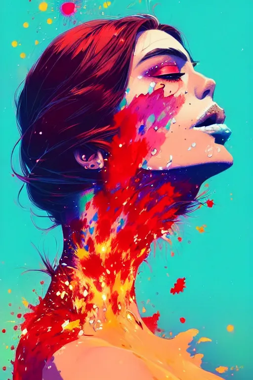 Prompt: a ultradetailed beautiful panting of a woman with a colorful explosion coming out of her neck, by conrad roset, greg rutkowski and makoto shinkai, trending on artstation