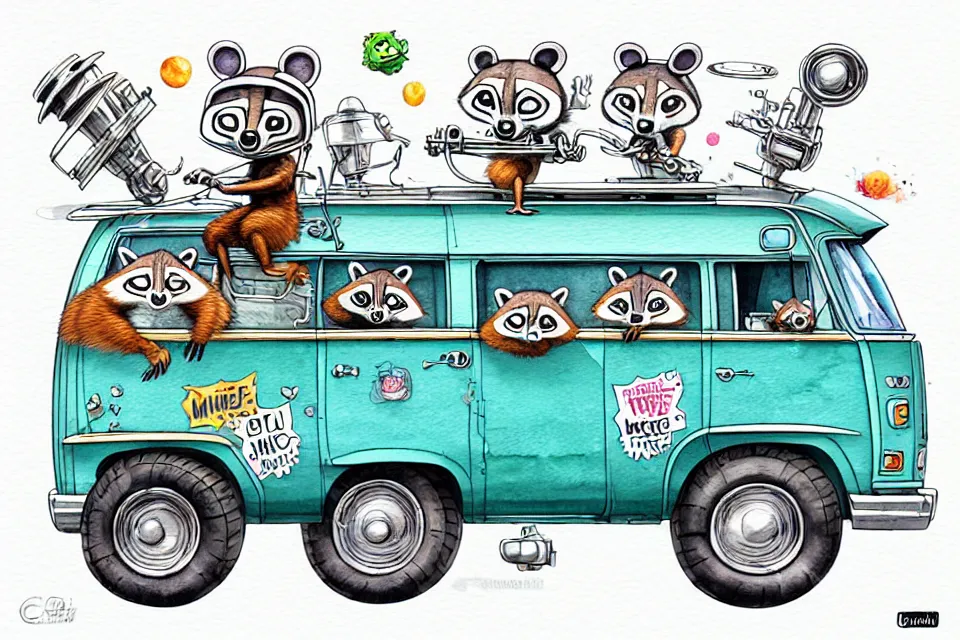 Image similar to cute and funny, racoon wearing a helmet riding in a mystery machine van, ratfink style by ed roth, centered award winning watercolor pen illustration, isometric illustration by chihiro iwasaki, edited by range murata, tiny details by artgerm and watercolor girl, symmetrically isometrically centered, sharply focused