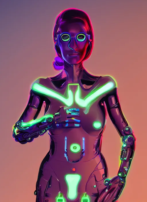 Image similar to portrait of a cyborg woman by Roger Dean, neon light, hyper detailled, trending on artstation