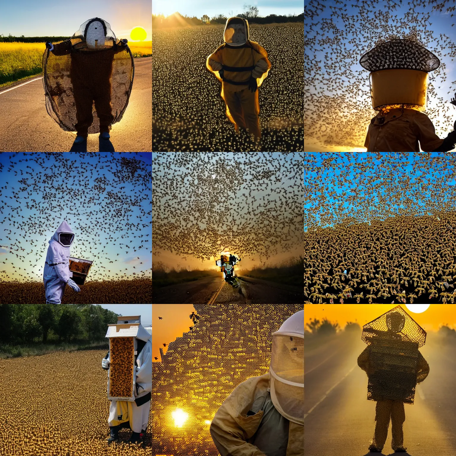 Prompt: an infinite swarm of bees that blots out the light from the sun chasing a man in a bee keeper suit down the road at sunset