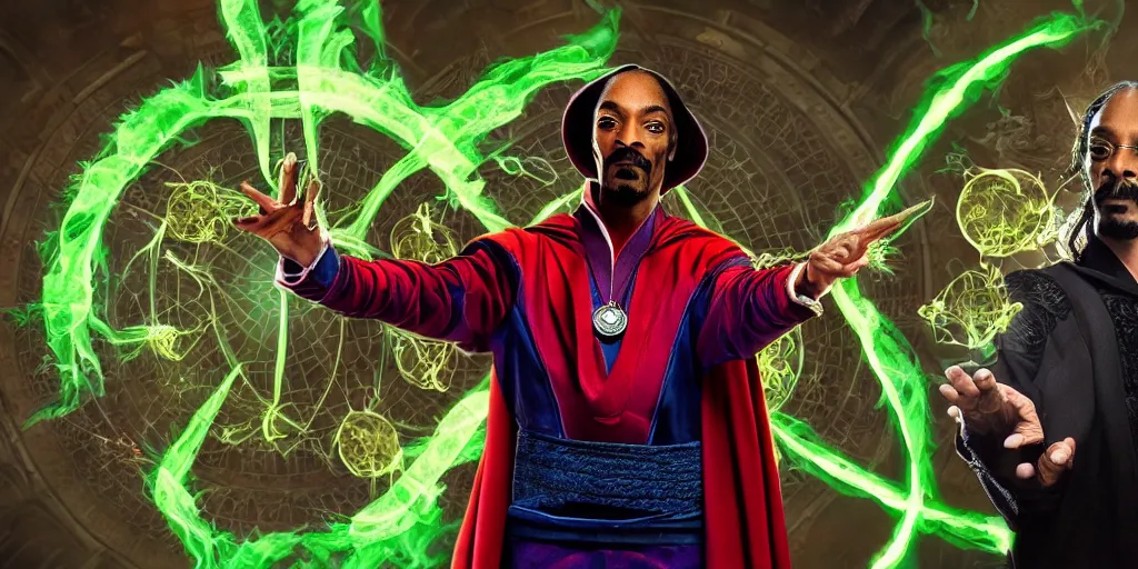 Image similar to snoop dogg as the doctor strange, marijuana leaves, green light, highly detailed, marvel cinematic universe, mcu, photo