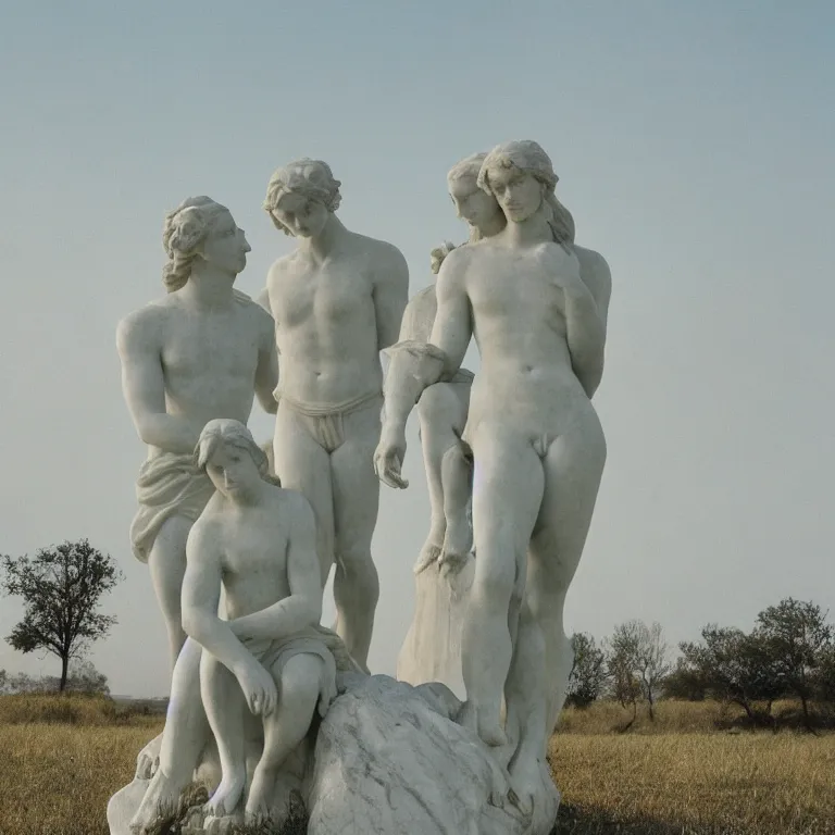 Image similar to marble statues in a field, film photo, soft lighting album cover, nostalgia, gradient