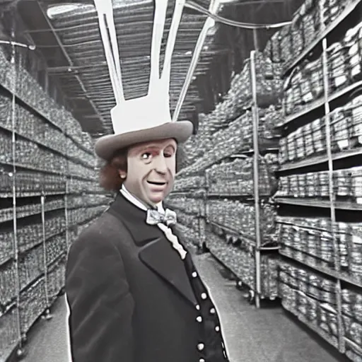 Image similar to grainy security cam footage still of Willy Wonka in his Chocolate Factory, extreme wide angle