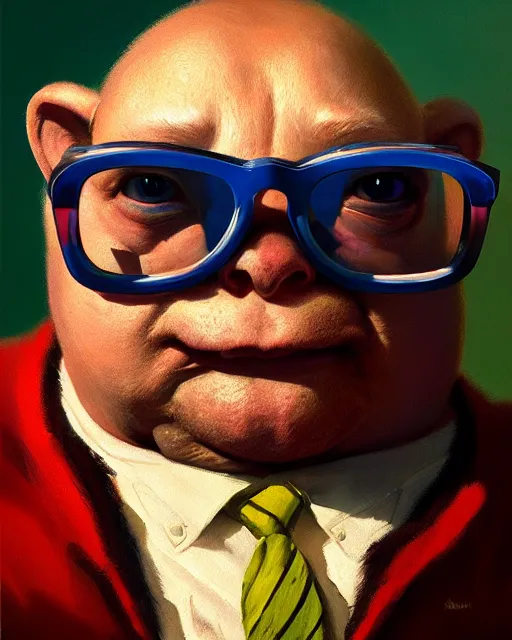 Prompt: hyper realistic oil painting of a fat toad wearing anachrome! glasses in the cinema, bucket of popcorn, vibrant colors, high contrast, by greg rutkowski, trending on artstation