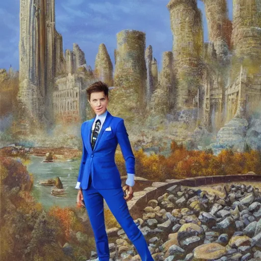 Prompt: portrait of Ruby Rose with messy spiked auburn hair and pointed ears and dressed in a blue men's suit with a yellow tie, standing on a stone bridge with a fantasy city of tall stone towers in the background, oil painting by Alex Ross