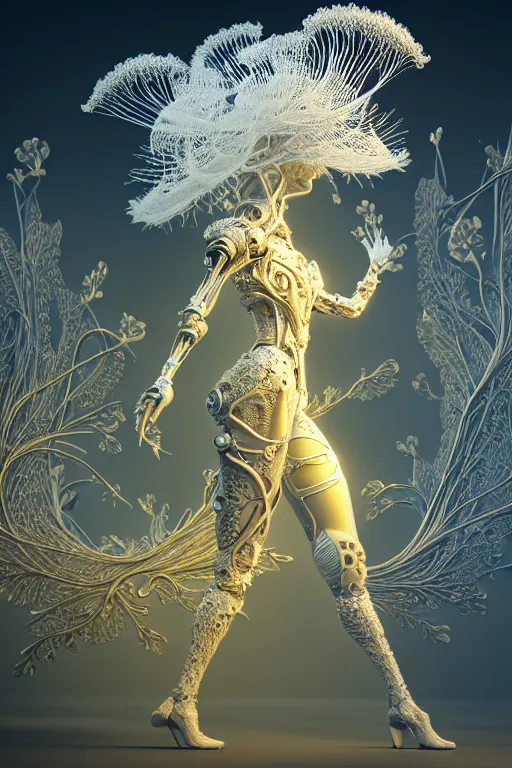 Image similar to intricate hyper detailed ultra sharp 3 d render, unity of mood, biomechanical cyborg ladies dancing, atmospheric, foliage, fractal, flowing, white large pore fungi, cyberpunk art nouveau, haute couture alexander mcqueen leaves stems dahlia blooming transparent fractal filigree roots, intricate details, octane render, volumetric cinematic lighting, natural beautiful light, yellow infrared, lumiol, 8 k,