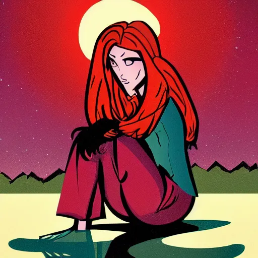 Image similar to a beautiful comic book illustration of a woman with long red hair sitting near a lake at night by darwyn cooke, featured on artstation