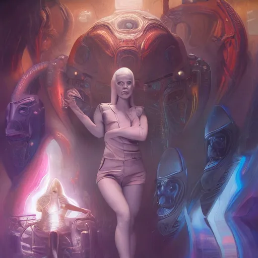 Image similar to Ladies, with detailed faces, in holograms of alien artifacts, electrical case display, total recall tech, , ultrarealistic, dramatic lighting, electrical details, high details, 4k, 8k, best, accurate, trending on artstation, artstation, photorealism, ultrarealistic, digital painting, style of Peter Mohrbacher, Caravaggio, Boris Vallejo