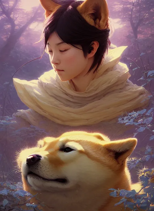 Image similar to Highly detailed portrait of Shiba inu, Stephen Bliss, unreal engine, fantasy art by Greg Rutkowski, Loish, Rhads, ferdinand knab, Makoto Shinkai and Lois van baarle, ilya kuvshinov, rossdraws, Tom Bagshaw, alphonse mucha, global illumination, radiant light, detailed and intricate environment