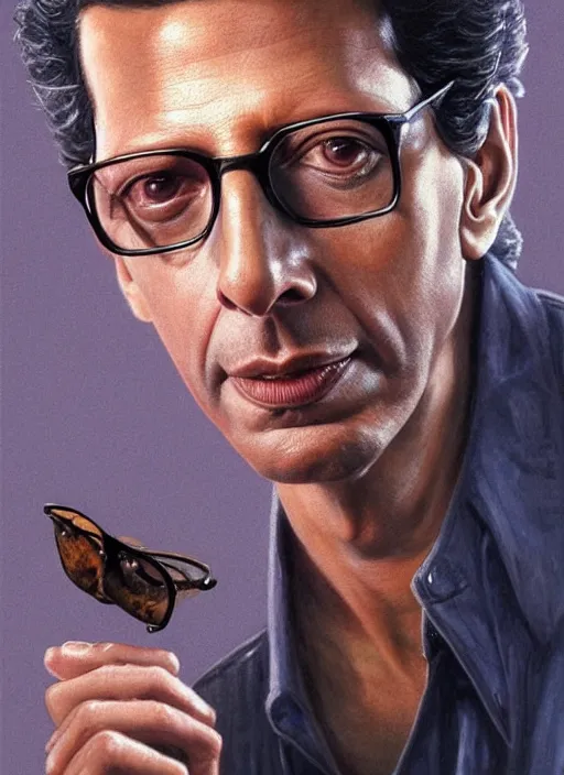 Prompt: portrait of jeff goldblum in the fly ( 1 9 8 6 ), depth of field, soft focus, highly detailed, intricate, realistic, national geographic cover, soft glow, textured, artstation, concept art, sharp focus, illustration, art by artgerm and greg rutkowski and earl norem